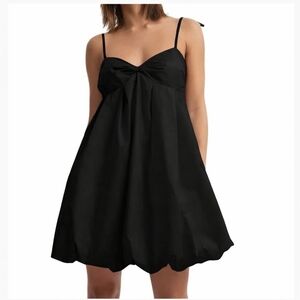 Camila Coelho Black Poplin Twist Bow Tie Shoulder Bubble Mini Dress - L NWT